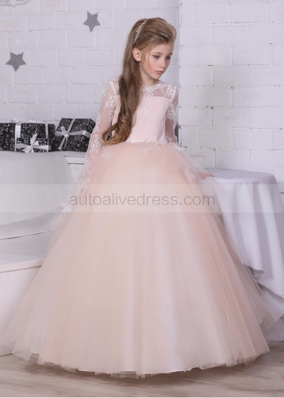 Long Sleeves Champagne Lace Tulle Butterfly Flower Girl Dress Long Sleeves Champagne Lace Tulle Butterfly Flower Girl Dress